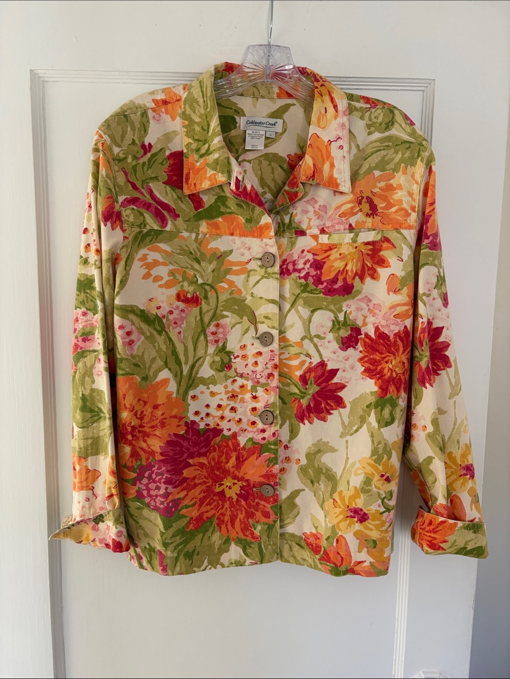 Coldwater Creek Floral Button-Up Jacket in Cream, Orange & Green Women’s Size L